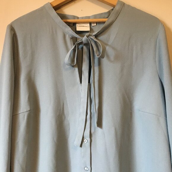 Pale Periwinkle Blue Bow Collar Bell Sleeve Button Down Evelina Blouse - Picture 3 of 16